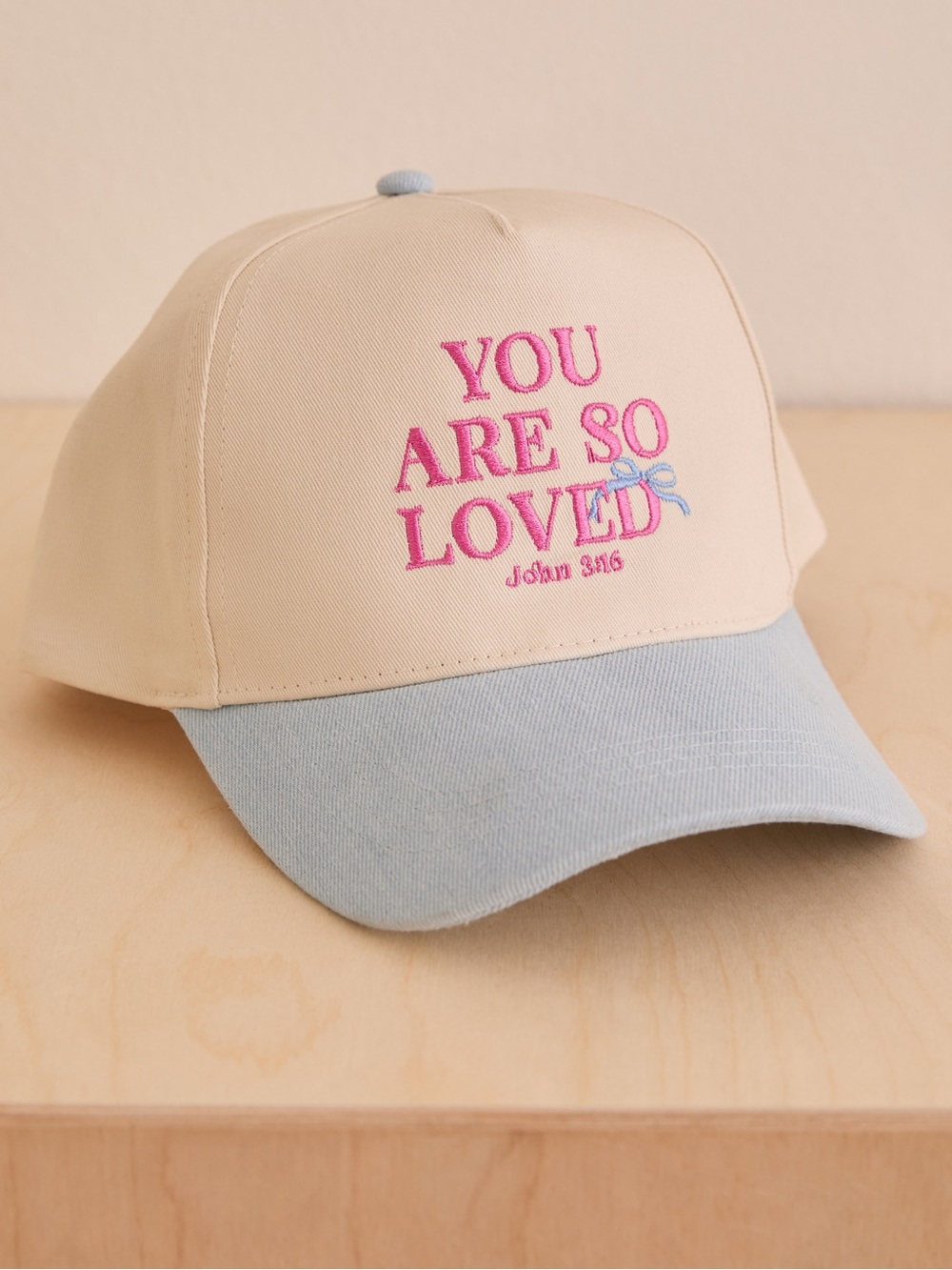 David and Young Cream Baseball Cap with Light Blue Brim and Pink Embroidery